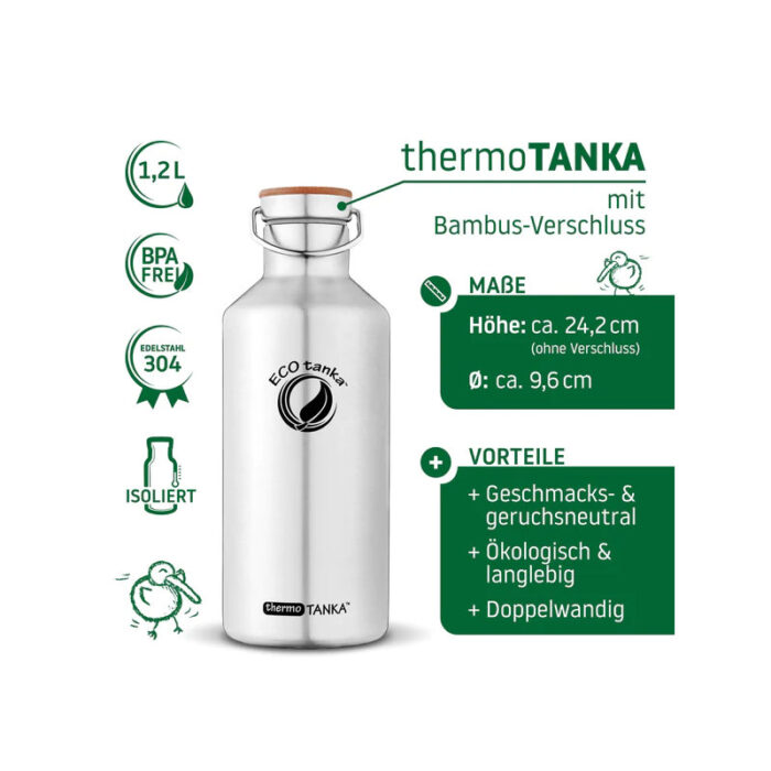 1,2l thermoTANKA™ isolierende Edelstahl Thermoflasche mit Edelstahl-Bambus-Verschluss